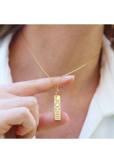 Love Taşlı Plaka Gold Gümüş Kolye Gümüş