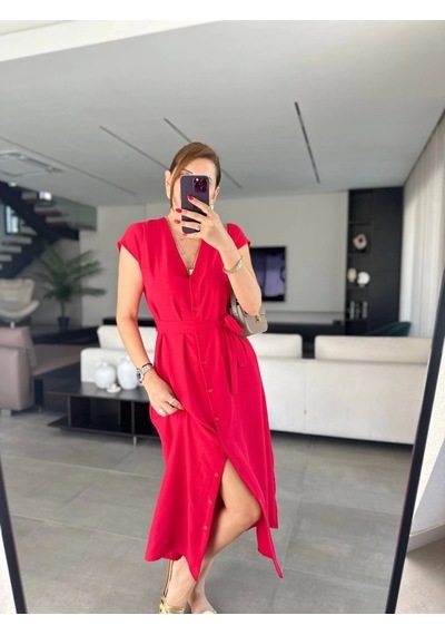Defymoda Kadınn V Yaka Düğme Detay Kuşak Dahil Elbise Kırmızı