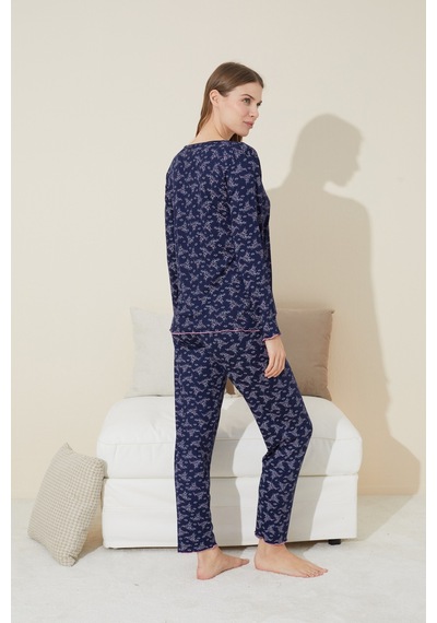Siyah İnci Pamuklu Örme Pijama Takım 24240127 Lacivert