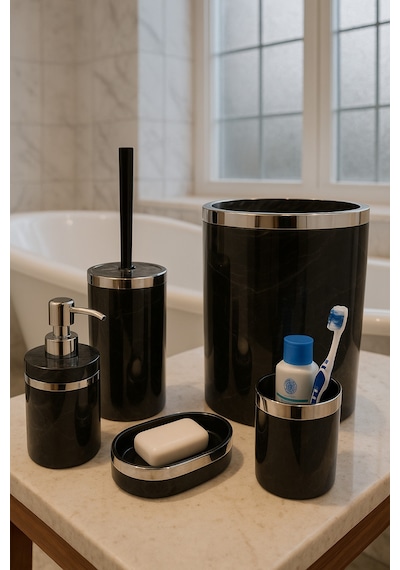 Makri Home Banyo Seti 5'li, Yuvarlak, Akrilik- Çöpkovası, Wcfırçalık,sıvı Sabunluk,diş Fırçalık,katı Sabunluk Gri