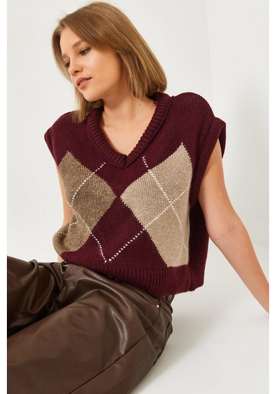 Shade Kadın Premium Baklava Desenli Oversize Triko Süveter Ts241003 60261172 - Bordo
