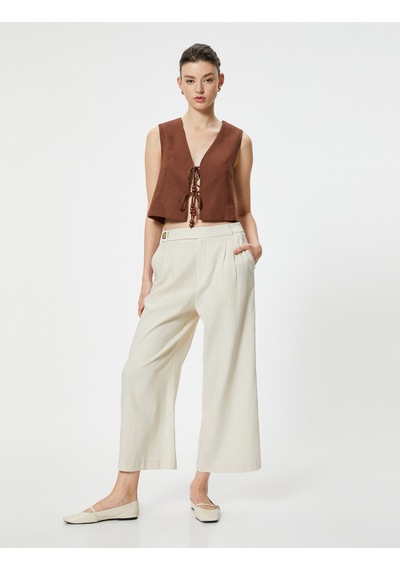 Koton Keten Pantolon Bol Paça Crop Bej 4sak40488pw Ekru