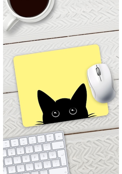 Sarı Renk Kedi Baskılı Mouse Pad 23x19cm Fare Altlığı Kaydırmaz Taban Mousepad
