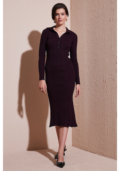 Lela Premium Fitilli V Yaka Slim Fit Midi Boy Triko Bayan Elbise 680El00282 Mürdüm
