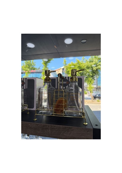 Buççin Online Mağaza Gold Renk Stantlı Mutfak Sıvı Sabunluk Süngerli Cam Şişe Sabunluk Mutfak Organizeri 500 Ml Cam Sarı Çok Renkli