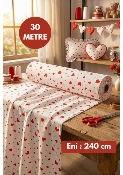 30 Metre Pamuk Kırmızı Kalpli Poplin Kumaş En: 240 Cm Nevresim, Çarşaf, Yastık Kılıfı, Elbise, Çanta