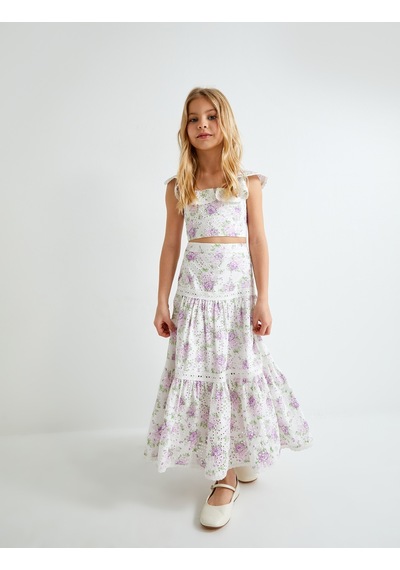 Koton Crop Bluz Fistolu Çiçek Desenli Fırfırlı Lila Desenli 4skg60002ew Lila