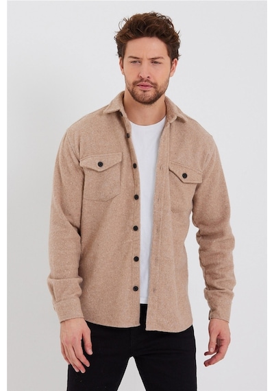 Erkek Vizon Çift Cep Kapaklı Slim Fit Oduncu Gömlek-odg001r9503s Vizon