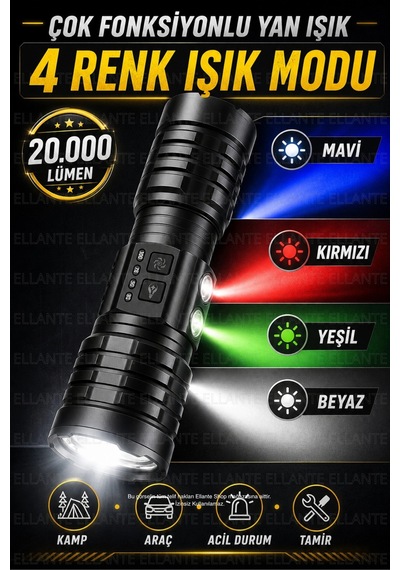 20.000 Lümen Süper Güçlü El Feneri Şarj Edilebilir Uzun Menzil Led Fener Güçlü Aydınlatma Çok Renkli