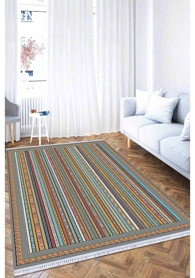 Çok Renkli Yöresel Dokuma Pamuk Taban Kaymaz Kilim Klm163n11