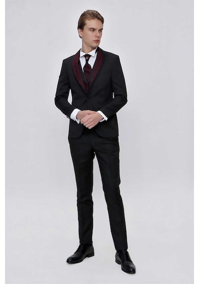 Morven Erkek Siyah Santos Çıkma Yaka Slim Fit Damatlık Siyah