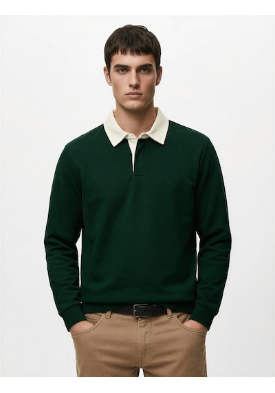 Koton Düğmeli Polo Yaka Uzun Kollu Sweatshirt Yeşil 6wam70082mk Yeşil