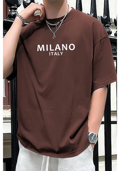 Erkek Milano Baskılı Oversize Tshirt Kahverengi