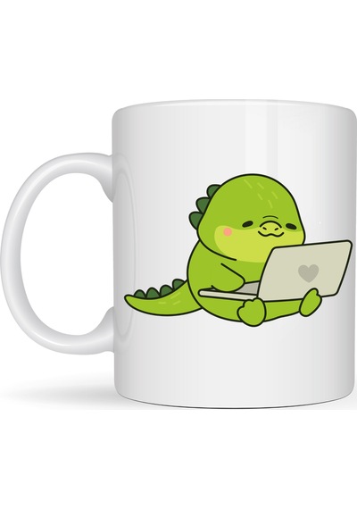Sevimli Dinozor Tasarımlı Porselen Kupa Model 117 Laptoplu Tatlı Dino Figürlü Ofis & Ev Kahve Kupası Diğer