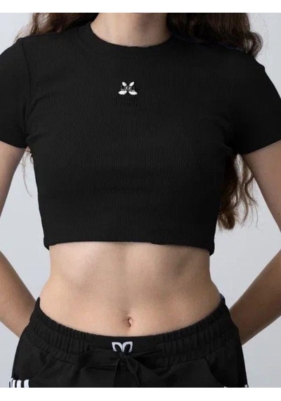 Zekids Kız Çocuk Fitilli Yarım Kollu Crop T-shirt-15799 Siyah