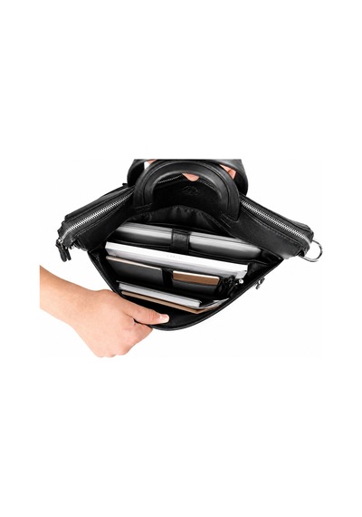 Alphaclub Bag Erkek Siyah Hakiki Deri Laptop Bölmeli El Ve Omuz Askılı Fermuarlı Laptop Ve Evrak Çantası