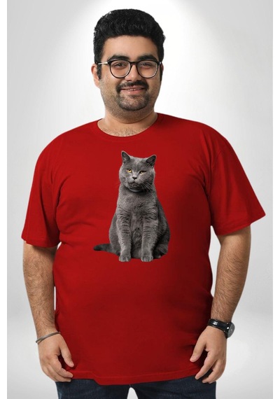 Angemiel British Shorthair Kedi Kırmızı Büyük Beden Erkek Kadın Unisex Basic Ön Baskılı Tişört Kırmızı