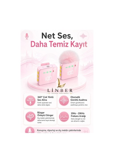 Kablosuz Tüylü Pembe Yaka Mikrofonu 1 Alıcı 2 Verici Şarj Kutulu Dijital Ekranlı 2.4g Gürültü Azaltmalı Type-c Lightning Uyumlu Mikrofon Seti