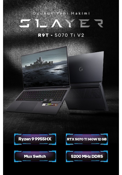 Game Garaj Slayer R9t-5070ti V2 C5 Amd Ryzen 9 9955hx 32gb Ram 2tb Ssd Rtx5070ti 16" 300hz Qhd+ Ips Freedos Gaming Laptop