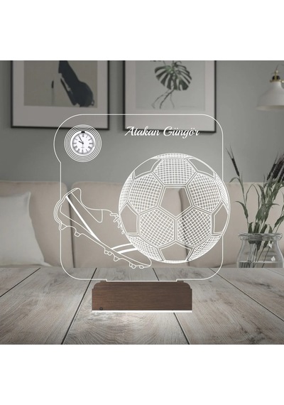 Luvivia Futbol Topu Krampon Futbolcu Hediye Kişiye Özel Metal Saatli 3d Lamba - Masa Gece Lambası Şeffaf