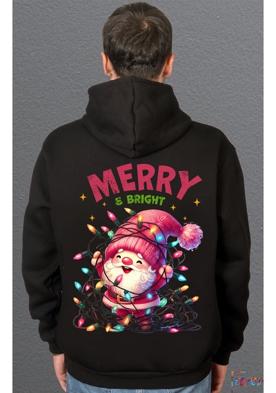 Bumeta 5203 Merry Bright Noel Baba Yılbaşı Sweatshirt Unisex Kapüşonlu Hoodie Siyah