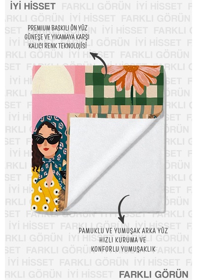 Retro İtalyan Figürlü Patchwork Plaj Havlusu - Bohem Renkli Modern Havuz Deniz Banyo Sahil Örtüsü Donuk Kumul