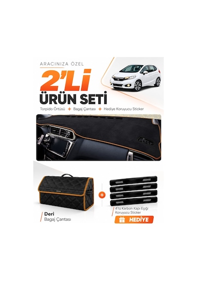 E-biz Honda Jazz 2018-2020 Uyumlu Torpido Örtüsü + Deri Bagaj Çantası - Siyah-kahverengi - Ho019