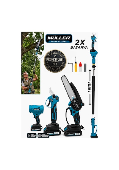 Pro Müller 4'lü Set Zincirli Otomatik Yağlı Dal Kesme Akülü Budama Makası Yaprak Üfleme Teleskop