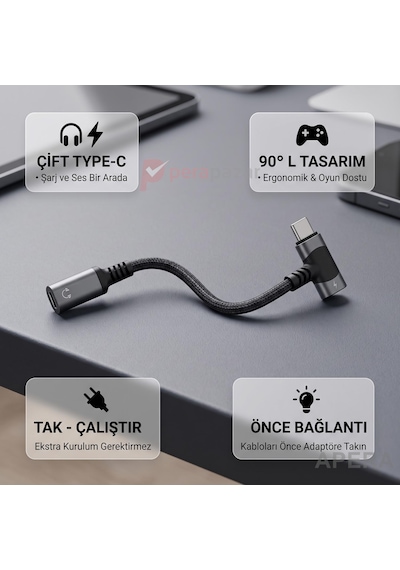 Type-c Kulaklık Ve Şarj Dönüştürücü L Tipi Çoğaltıcı Kablo Örgülü 3.5mm Ses Ve Güç Adaptörü Cn03 01