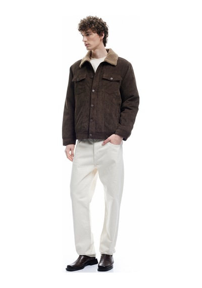Koton Slim Fit Peluş Yaka Fitilli Kadife Kışlık Ceket Kahverengi 6wam20078hw
