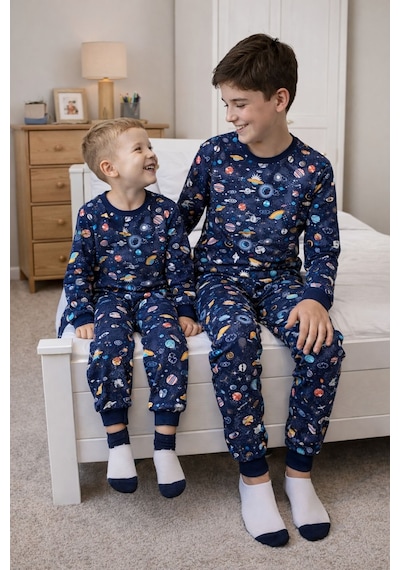 Zuzunga Astronot Temalı Pamuk Unisex Çocuk Pijama Takımı Lacivert2