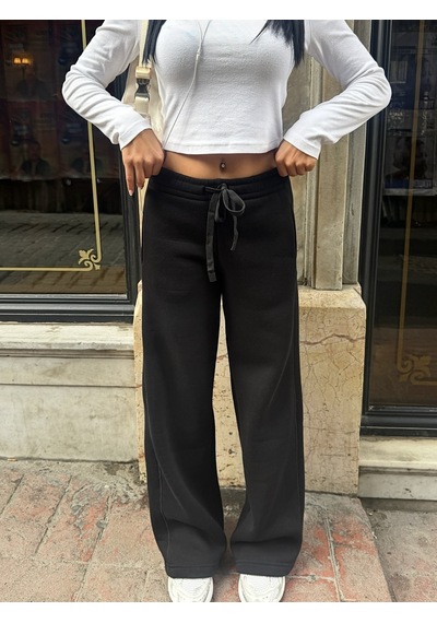 Out Of Standart Kadın Wide-leg Kalıp Beli Lastikli Kordon Detaylı Eşofman Altı Siyah