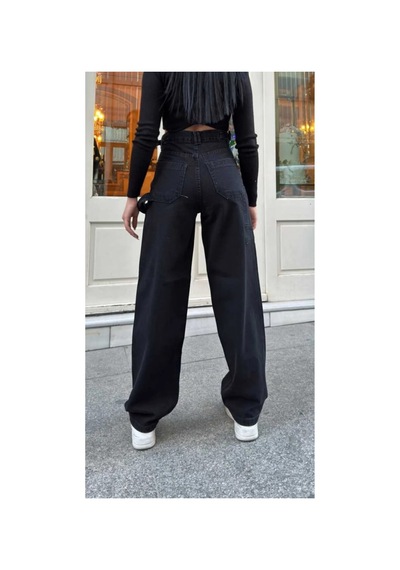Kene Jeans Yüksek Bel Siyah Yan Kemer Tokalı Kargo Cep/baggy Bol Paça Jeans Siyah