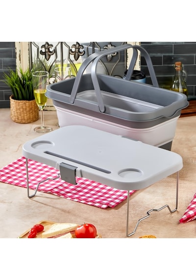 Bigmate Portatif Katlanır Piknik Seti 25lt Silikon Sepetli Masalı Piknik Sepeti Gri