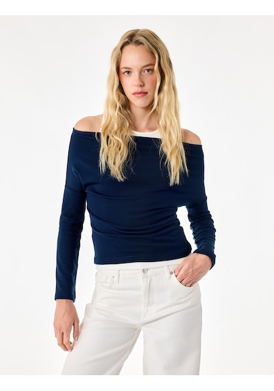 Koton Slim Fit Asimetrik Yaka Katmanlı Uzun Kollu Tişört Lacivert 7wal10328ık
