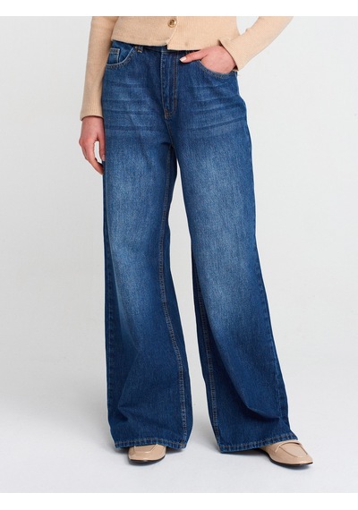 Dilvin 71784 Dökümlü Kumaş Geniş Denim Pantolon Lacivert