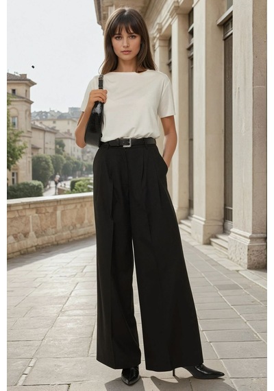 Hiccup Wide Leg Pileli Pantolon Siyah