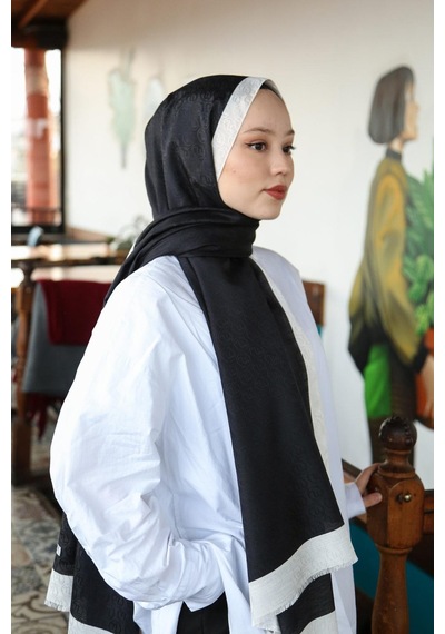 Premium Lux Original Monogram Şal İpek Vual, Yüksek Kalite, Hafif, Rahat, Şık, Tesettür, Shawl Siyah - Beyaz