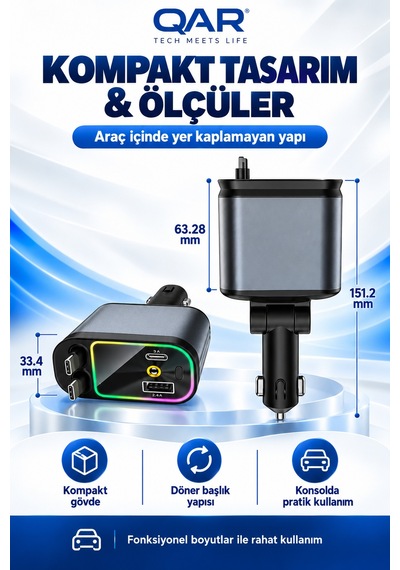 4 Ü 1 Arada Araç Şarj Aleti Type-c Ve Lightning Kablolu Hızlı Şarj Çakmaklık Adaptörü