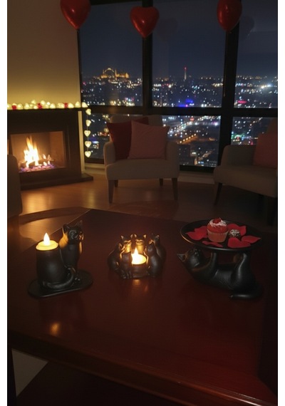 Neşeli Kedi Dostlar Dekoratif Kedi Figürleri Tealight Mumluk Ve Atıştırmalık Tabağı Seti