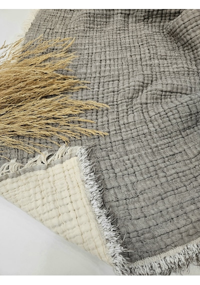 Gri 7 Katlı Çift Taraflı Dolgulu Çift Kişilik Müslin Battaniye %100 Pamuk 230x240 Cm Gri
