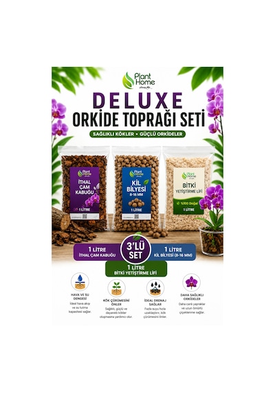 Deluxe Orkide Toprağı Seti 3'lü Set 1 Litre İthal Çam Kabuğu + 1 Litre Kil Bilyesi 8-16 Mm + 1 Litre Bitki Yetiştirme Lifi Premium Orkide Dikim Ve Saksı Değişim Seti Diğer