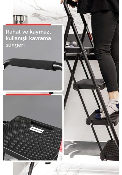 51404 Stepla Geniş 4 Basamaklı Katlanır Merdiven Eurotower Siyah
