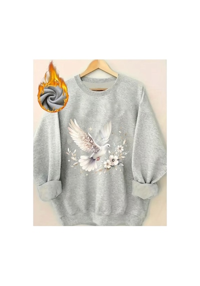 Herkesemoda Güvercin Baskı Detaylı Bisiklet Yaka Sweatshirt Gri