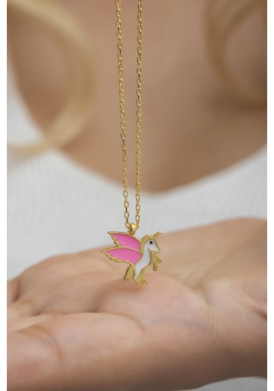 925 Ayar Gümüş Gold Pembe Mineli Unicorn Kolye