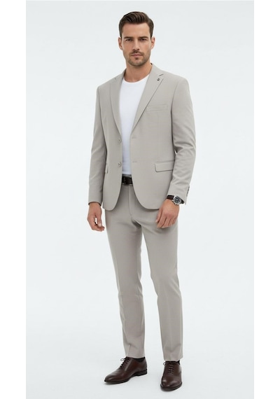 Erkek Slim Fit Mikro Dokulu Takım Elbise Çift Düğmeli Modern Kesim Gri