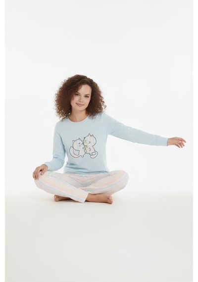 Luxury Thermal Gökkuşağı Kedi Desenli Kadın Polar Kışlık Pijama Takımı 42052 Çok Renkli