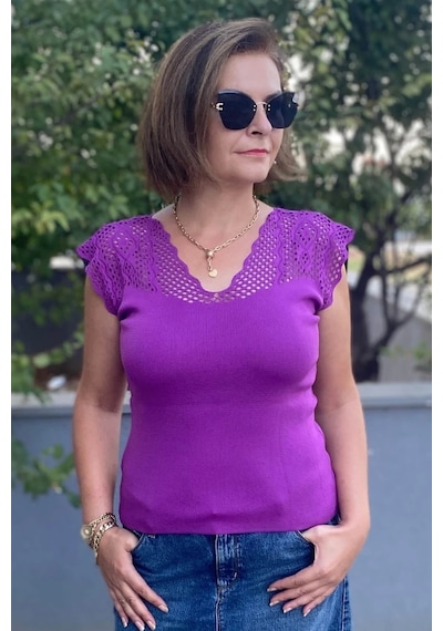 Mia Butik Kadın Mor Sıfır Kol Ajurlu Triko Bluz Mor
