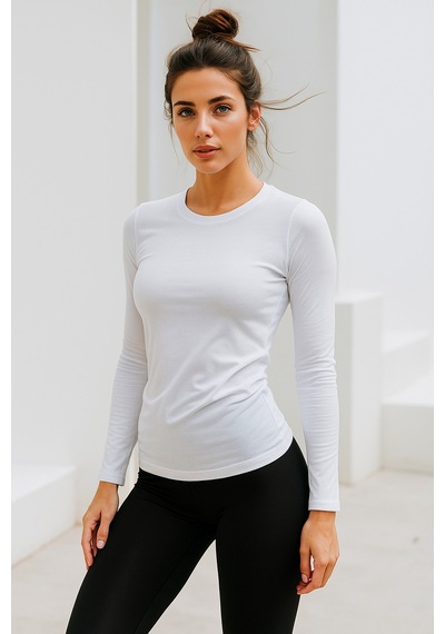 Kadın Beyaz Bisiklet Yaka Uzun Kollu Body Beyaz