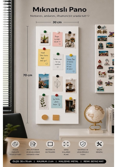 Yiğit Metal Mıknatıslı Pano Beyaz Ofis/çalışma Odası İçin Mıknatıs Hediyeli Metal Magnet Hatıra Panosu 24 x 70 CM